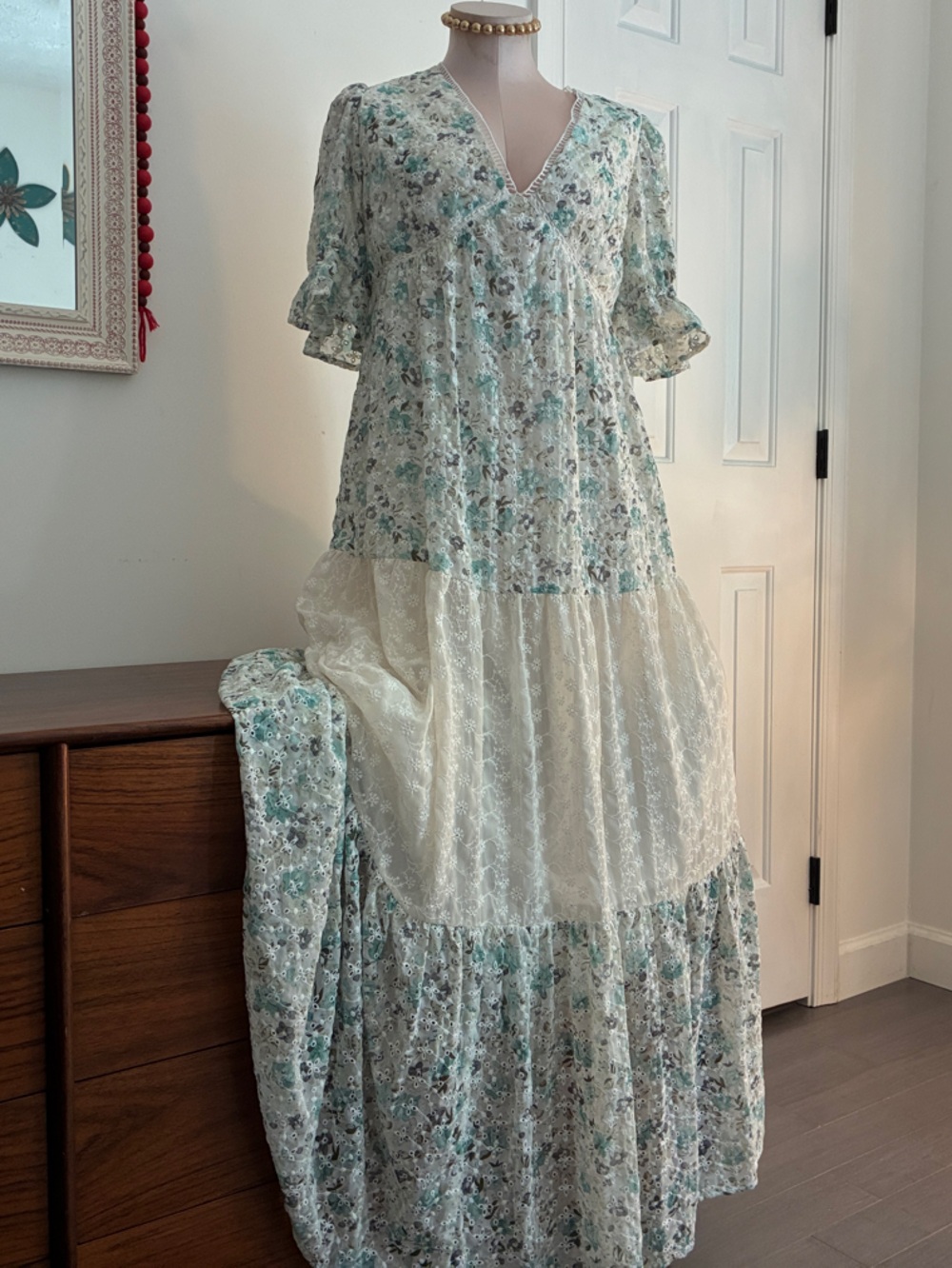 ASOS Size 8 Maternity Cream and Teal Floral Tiered Maxi Dress